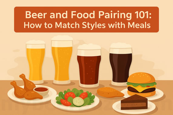 Hero image for Beer and Food Pairing 101 article featuring four glasses of different beer styles (light lager, amber ale, stout) alongside matching foods including fried chicken, fresh salad, burger, and chocolate cake, with bold title text overlay.