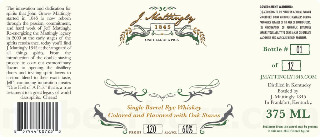 J. Mattingly 1845 One Hell Of A Pick Single Barrel Rye Whiskey