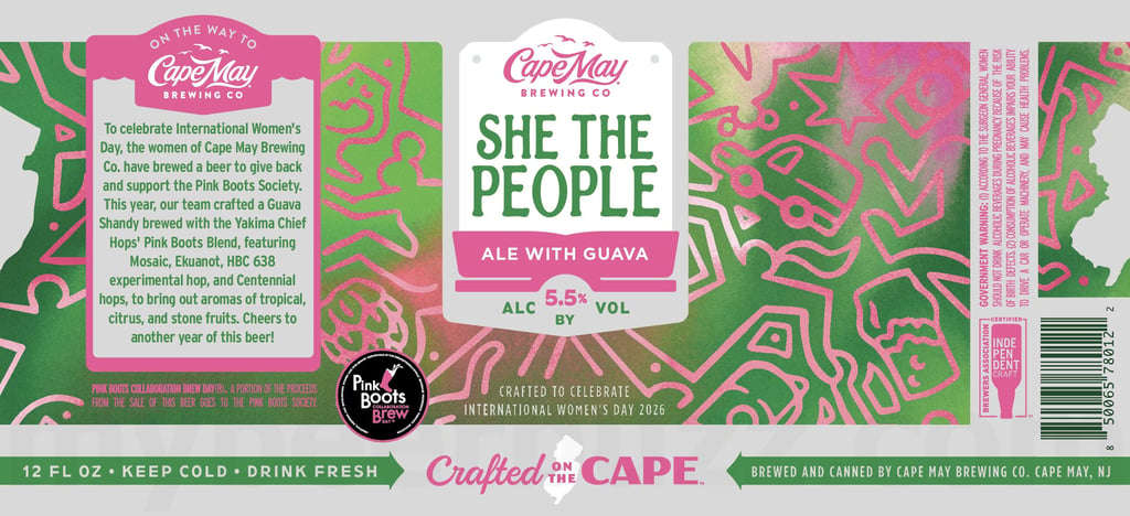 Cape May & Pink Boots Society Team Up For 2026 She The People For International Women’s Day / Sunnie Tan / Mango Chili Lime Lager / Transfusion Shandy / Bark Breaker / Cherry Wheat