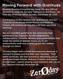 ZeroDay Brewing Announces Permanent 3rd Street Taproom Closure In Harrisburg, PA