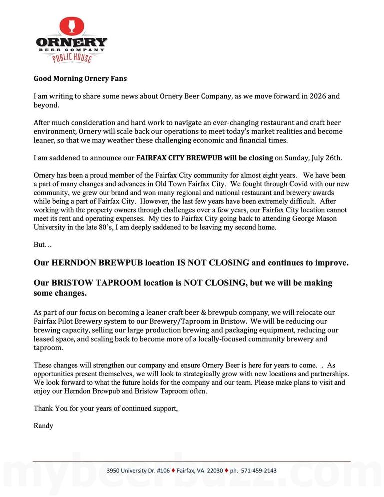 Ornery Beer Announces Closure of Fairfax City Brewpub