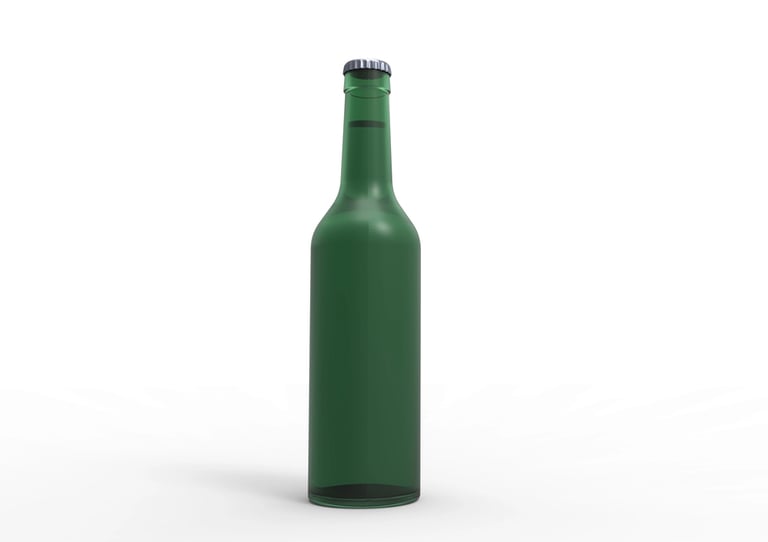 Standard green longneck beer bottle on a white background, illustrating the typical size and dimensions of a standard beer bottle.