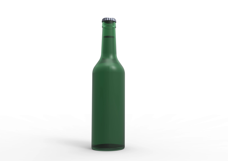 Standard green longneck beer bottle on a white background, illustrating the typical size and dimensions of a standard beer bottle.