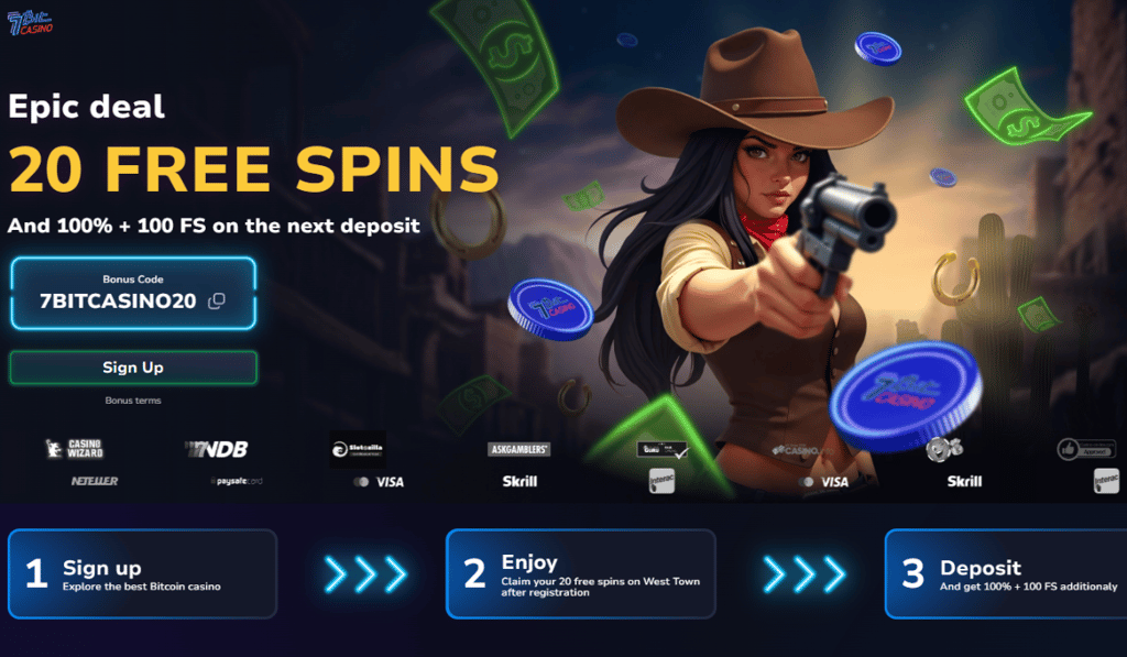 7Bit Casino 20 free spins display showcasing an online casino bonus offer.