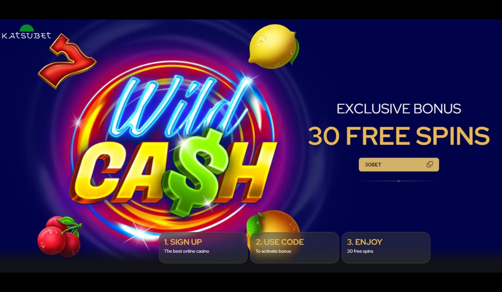 KatsuBet exclusive casino bonus display featuring 30 no-deposit free spins.