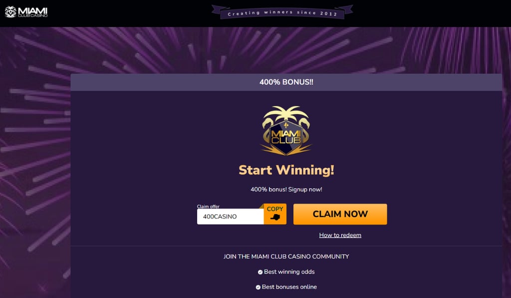 Miami Club Casino promotion page showing a 400% bonus offer with a “Start Winning” message, claim button, and fireworks-style background on a dark purple theme.