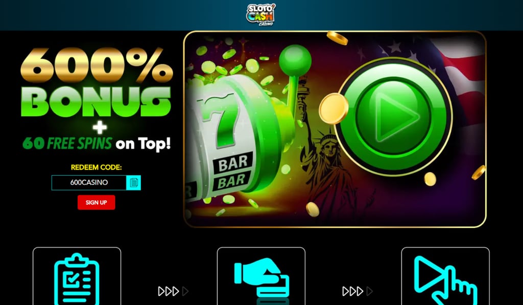 Online casino promotion banner featuring a 600% bonus and 60 free spins offer, with a slot machine reel, green play button, and colorful coin effects on a dark background.