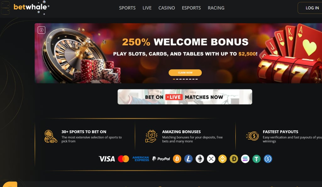 Betwhale online casino banner displaying a 250% welcome bonus offer, with a roulette wheel, poker chips, playing cards, and slot machine graphics on a dark-themed interface.
