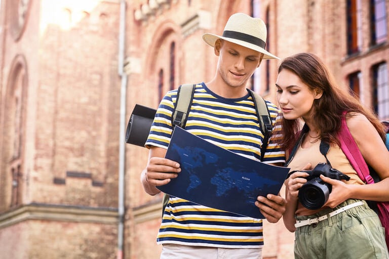 Solo male traveler exploring Latin America with a woman during a romantic journey.