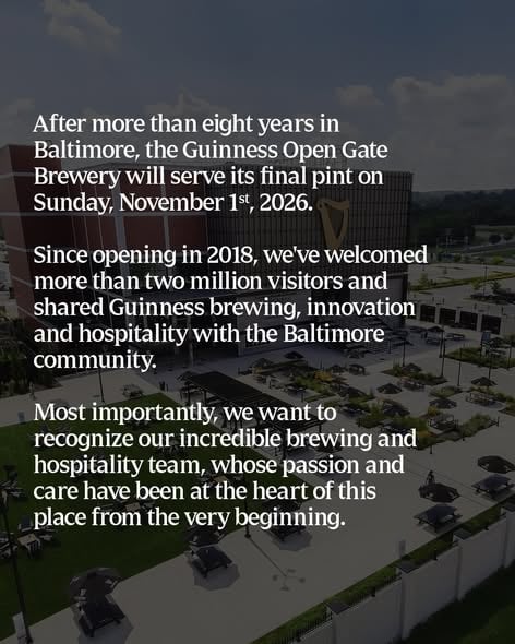 Guinness Open Gate Brewery Closing In Maryland