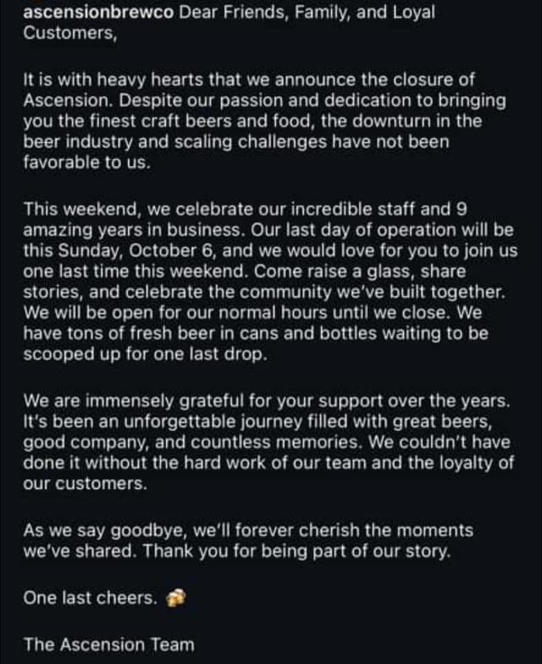 Ascension Brewing Closing In Novi, MI
