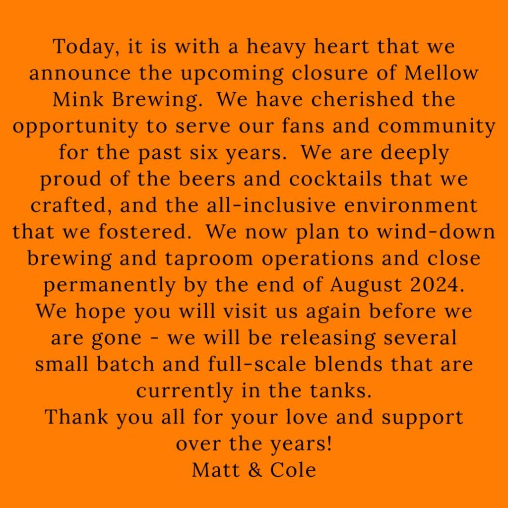 Mellow Mink Brewing Closing In Mechanicsburg, PA