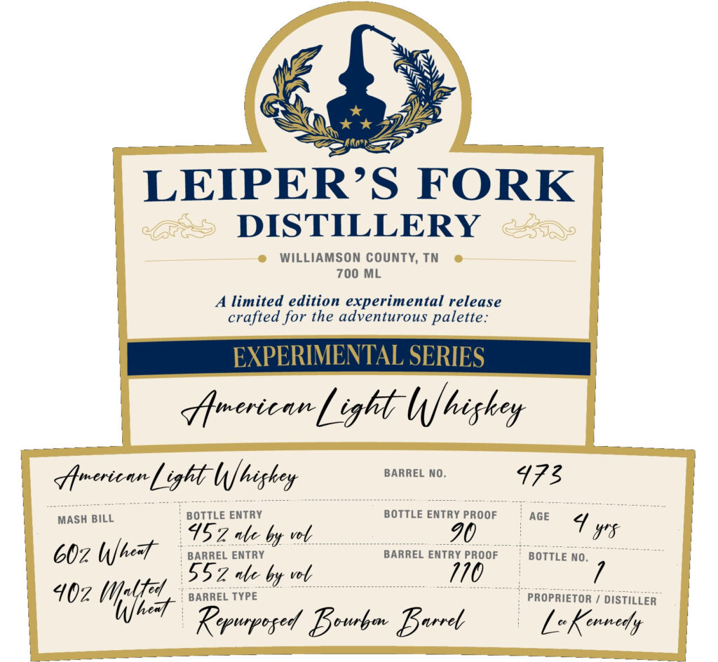 Leiper’s Fork Distillery Experimental Series American Light Whiskey 4-Year