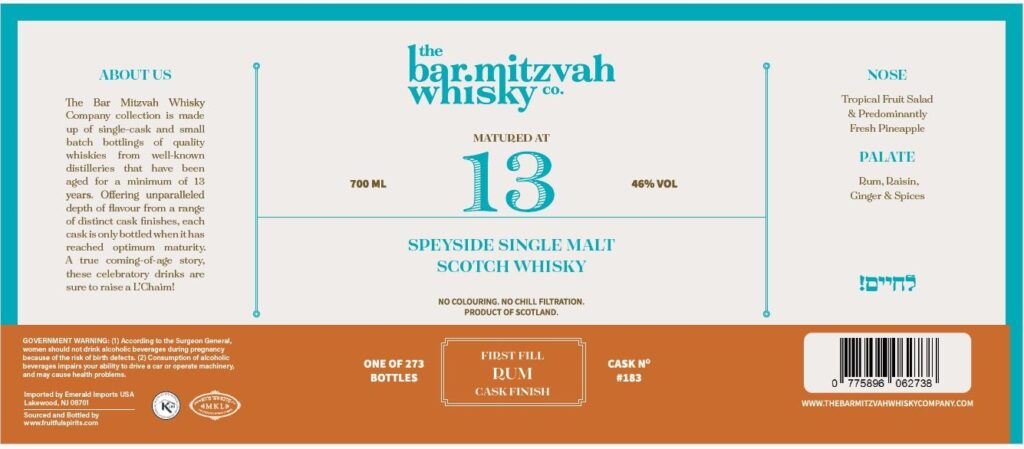 The Bar Mitzvah Whisky Co Matured At 15 Speyside Single Malt Scotch Whisky First Fill Rum Cask Finish