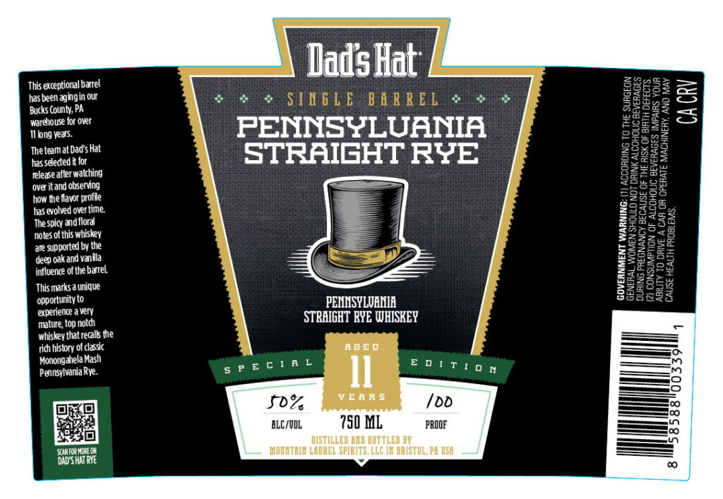 Mountain Laurel Spirits Dad’s Hat 11-Year Single Barrel Pennsylvania Straight Rye Whiskey