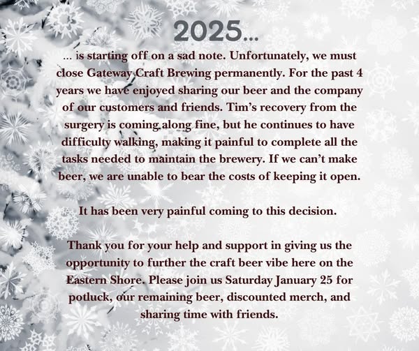 Gateway Craft Brewing Closing Permanently 1/25 In Salisbury, MD