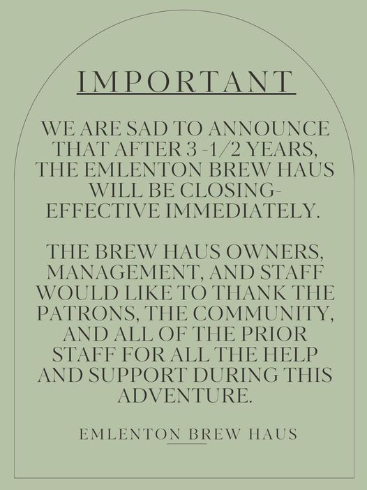 Emlenton Brew Haus Announces Closure in Emlenton, PA