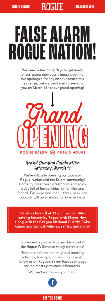 Rogue Delaying Rogue Salem Grand Opening