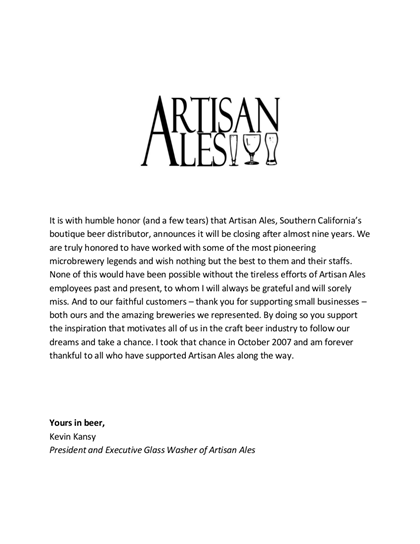 Southern California’s Artisan Ales Colsing After 9-Years