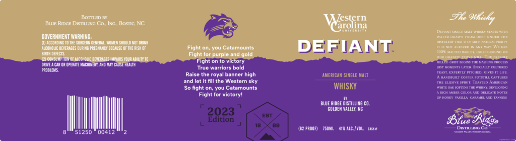 Blue Ridge Distilling Defiant Western Carolina University American Single Malt Whiskey