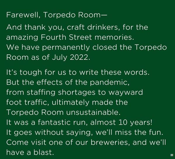 Sierra Nevada Permanently Closing Torpedo Room In Berkeley, CA