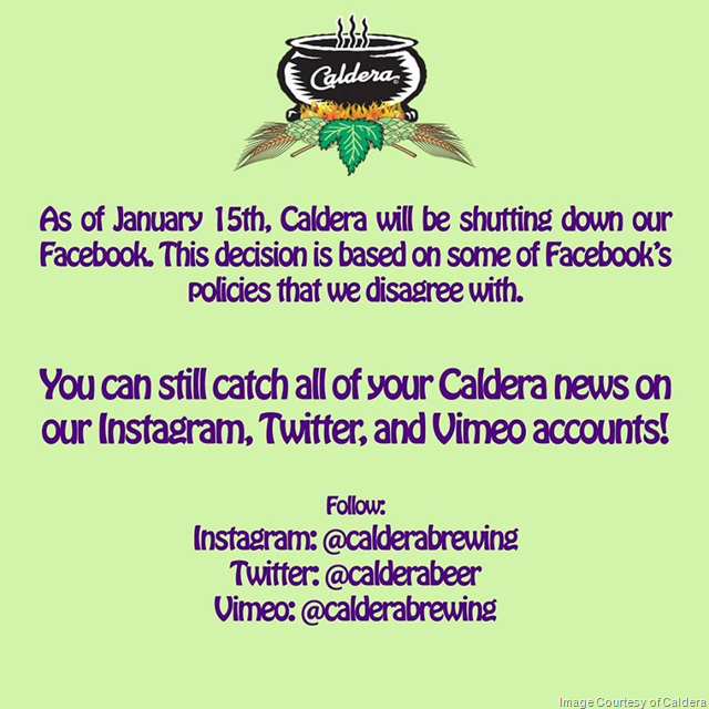 Caldera Brewing Shutting Down Facebook Account
