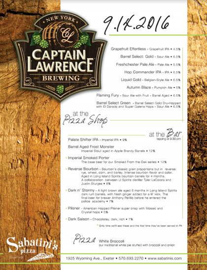 Captain Lawrence Launching In NEPA 9/14 @ Sabatini’s
