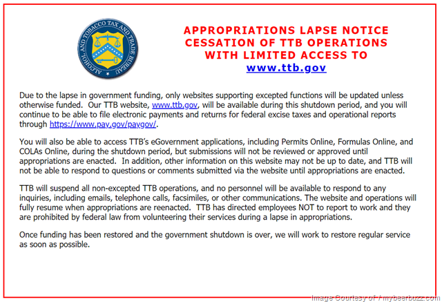 Alcohol Tobacco & Trade Bureau (TTB) Closed For Government Shutdown