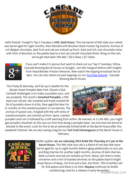 Cascade LIVE:Dark Storm Tonight & 2011 Kriek Coming 10/18