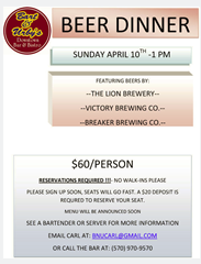 Bart & Urby’s Beer Dinner & Home Brew Competition April 10th