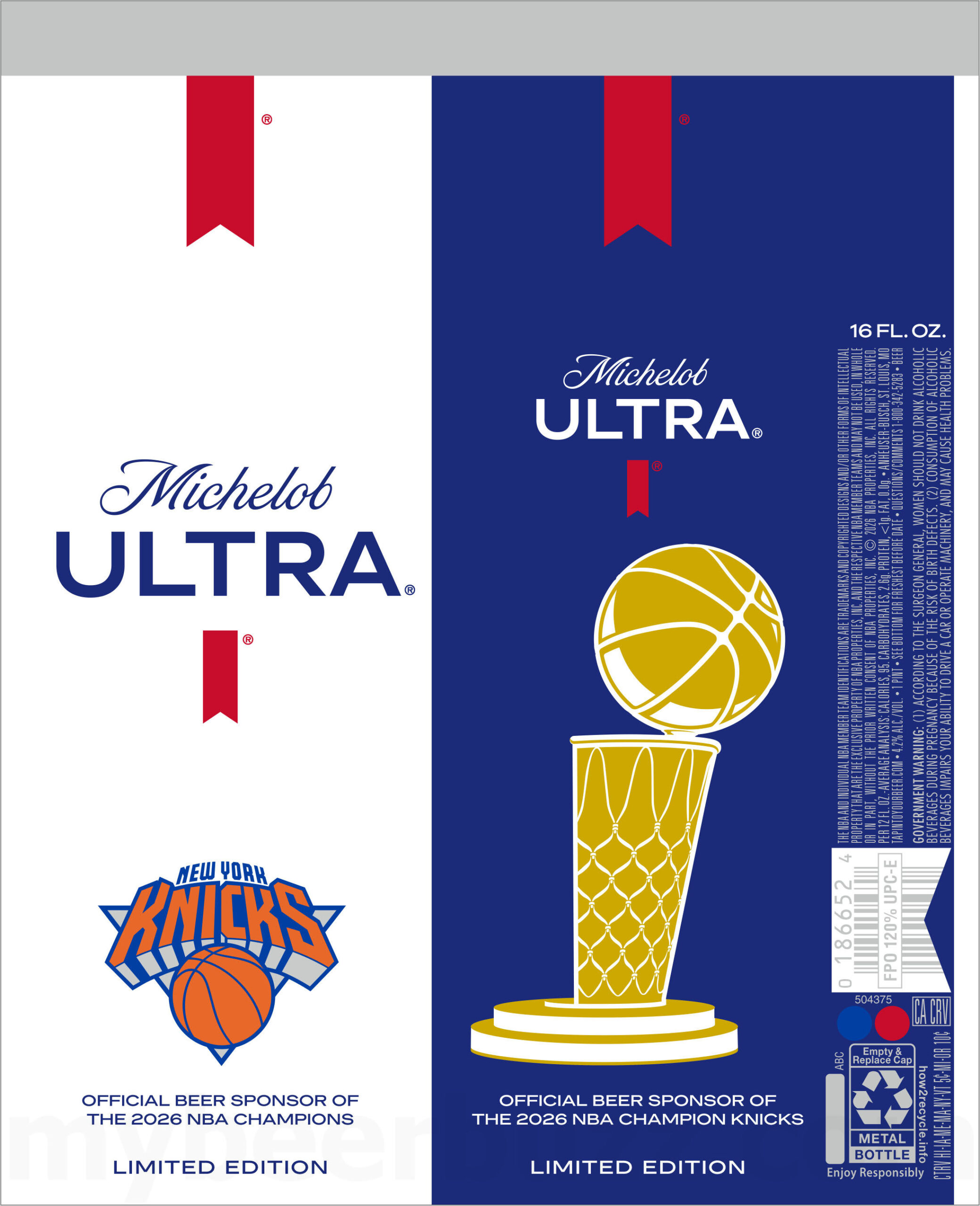 Michelob ULTRA and Designer Victor Solomon Merge Artistry with Legacy with New NBA Championship Bottles Infused with Recycled NBA Trophy Gold 10 2026 Michelob Ultra New York Knicks 16-oz Cans