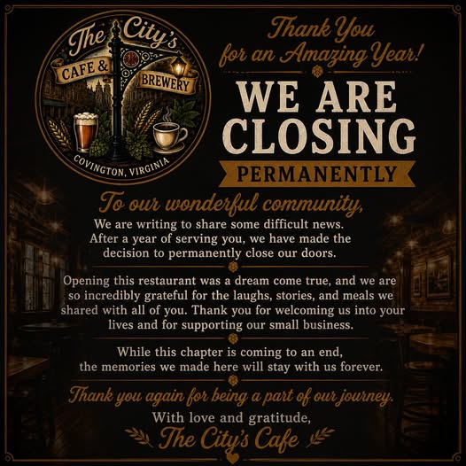 City's Cafe & Brewery Closing In Covington, Virginia