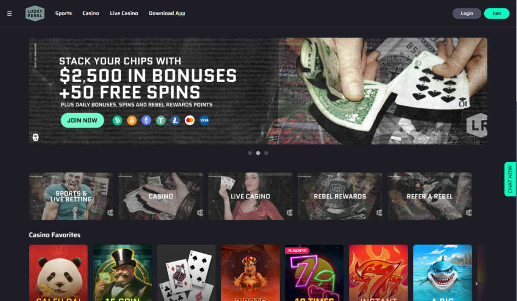 Online casino homepage featuring a $2,500 bonus and 50 free spins offer, with a player holding cards, navigation menu, and colorful game thumbnails displayed below.